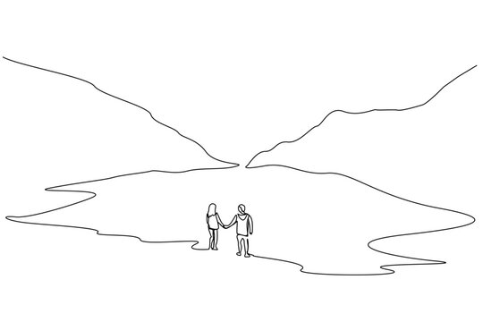 young couple in love nature mountain hike trekking freedom love happy back behind rear far away lifestyle line art