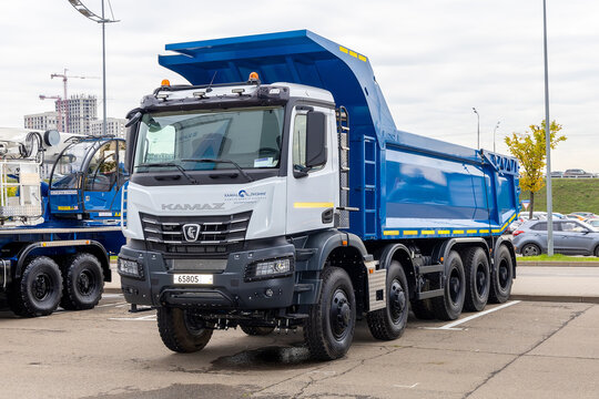 New dump truck KAMAZ 65805 at the international commercial vehicle show Comtrans 2021. Moscow, Russia - September 7-11, 2021