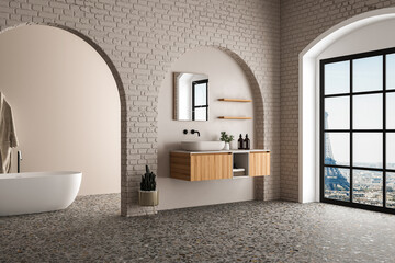 Soft native hues organic shapes look of bathroom with big window oval bathtub in neutrals tones, terrazzo floor. 3d Rendering