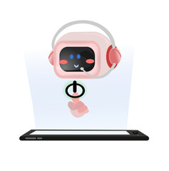  Illustration cute cartoon press the power button on mobile.  characters chatting with robot, asking questions and receiving answers. AI assistant support and FAQ concept.Isolate background.