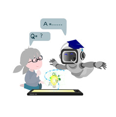 Illustration cute cartoon  kid mascot ai  education concept..  characters chatting with robot, asking questions and receiving answers. AI assistant support and FAQ concept.Isolate background.