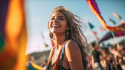 Laughing happy Beautiful attractive sexy young woman having fun at music festival