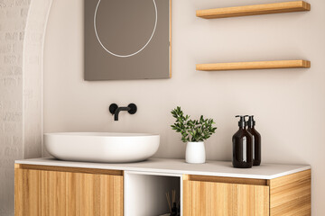 3D render an empty white vanity counter with ceramic washbasin and modern style faucet in a bathroom with morning sunlight and shadow. Blank space for products display mockup. Background