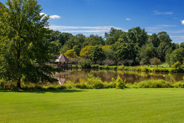 pond with a wooden gazebo in a summer park. Green lawn and bushes.