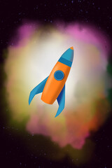Cartoon rocket and glowing nebula in space. Flight of spaceship against nebulas in cosmos. Outer space illustration.