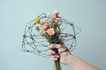 Hand holding a bouquet of barbed wire on a pastel background, created with Generative AI technology - obrazy, fototapety, plakaty