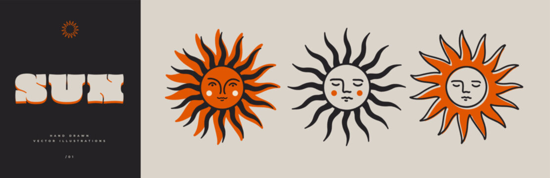 Banner with three sun icons. Collection of sun pictograms. Vector illustration of summer symbol.