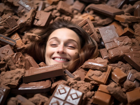 Portrait of a happy smiling young woman buried under a pile of delicious chocolate bars.