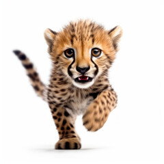 Fototapeta na wymiar Adorable Cute Funny Baby Cheetah wild cat Running Close Up Portrait Photo Illustration on White Background Nursery, Kid's, Children's room, pediatric office Digital Wall Print Art Nature Generative AI