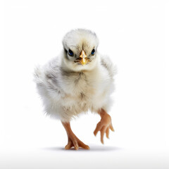 Adorable Cute Funny Baby Chicken Animal Running Close Up Portrait Photo Illustration on White Background Nursery, Kid's, Children's room, pediatric office Digital Wall Print Art Nature Generative AI