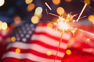 Sparkles with lights in soft focus and American flag on the background. July forth celebration. The...
