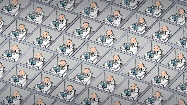 Office cubicles with a little color more employees version. Simple office work. Men in cubicles. Business, science, technology, work, marketing. Seamless loop.