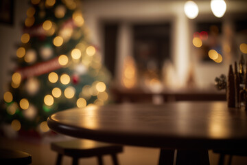 Wooden table for product display with Christmas background, generative AI