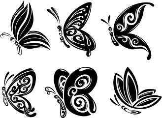 butterfly silhouette, group of butterflies, wildlife, black and white