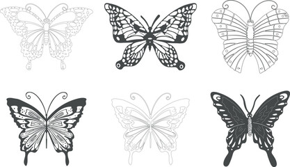 Obraz premium butterfly silhouette, group of butterflies, black and white, wildlife