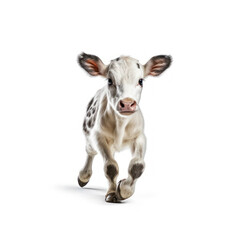 Adorable Cute Funny Baby Cow Calf Animal Running Close Up Portrait Photo Illustration on White Background Nursery, Kid's, Children's room, pediatric office Digital Wall Print Art Nature Generative AI