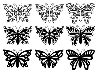 butterfly silhouette, group of butterflies, black and white, wildlife