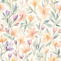 Fototapeta na wymiar Greeting card with spring crocus flowers, watercolor painting, hand drawing greeting card, watercolor painting. Spring flowers: violet, blue and white crocuses, botanical illustration. Generative AI