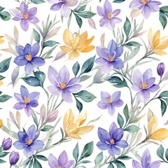 Greeting card with spring crocus flowers, watercolor painting, hand drawing greeting card, watercolor painting. Spring flowers: violet, blue and white crocuses, botanical illustration. Generative AI