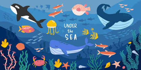 Set of sea and ocean underwater animals. Cute fish and wild marine cartoon animals. Undersea world. Whale, sperm and killer whale, fish, algae, shells,coral, jellyfish, crab. Drawings for banner, card