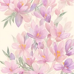 Obraz na płótnie Canvas Greeting card with spring crocus flowers, watercolor painting, hand drawing greeting card, watercolor painting. Spring flowers: violet, blue and white crocuses, botanical illustration. Generative AI