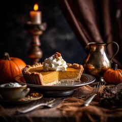 Realistic photo of Pumpkin Pie. Close-Up Food Photography