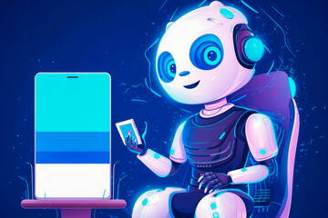 Chat bot illustration concept, white robot holding a smart phone in his hand with blue background. Generative AI