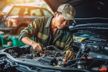 Fototapeta na wymiar Asian male auto mechanic working on car engine, repair and maintenance, workshop in the background. Generative AI