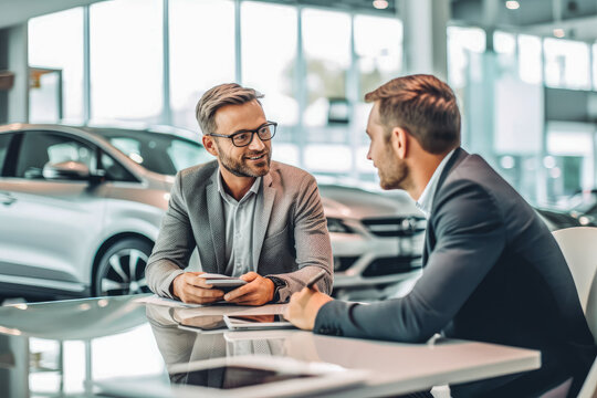 Business agent discussing car dealership contract with his client, car shop in the background. Generative AI