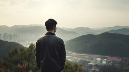 An image of a single person looking off into the distance, with a subtle but noticeable sense of worry or distress, to illustrate the social problem of South Korea's declining fertility rate. - obrazy, fototapety, plakaty