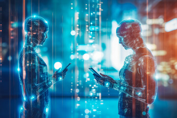 Human connecting with a chat bot through phone, artificial intelligence, future of technology. Generative AI