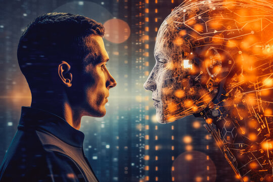 Human profile juxtaposed with an AI concept to show the similarity, artificial intelligence, collaborative intelligence. Generative AI