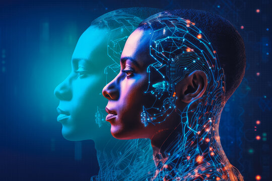 Human profile juxtaposed with an AI concept to show the similarity, artificial intelligence, collaborative intelligence. Generative AI