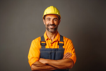 Portrait of smiley handyman in overalls and cap standing with his arms crossed. Generative AI