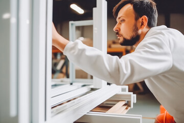 Fototapeta premium Aluminum industry male worker making frames for windows and doors. Generative AI