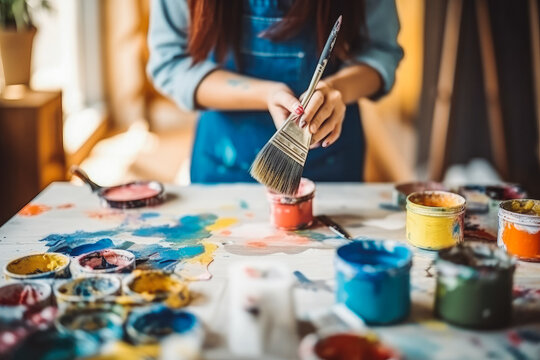 Woman painting with paint brush, indoor design change, beautiful renovation esthetic. Generative AI