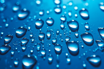 Water drops condensed on a glass window, rainy weather, raindrops, bluish background. Generative AI