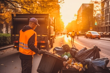 Garbage worker collecting trash in urban suburb, cleaning the streets, environmental care. Generative AI