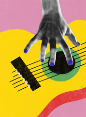 Human hand playing guitar. Abstract colorful design. Music lover, artist. Performance. Contemporary art collage.