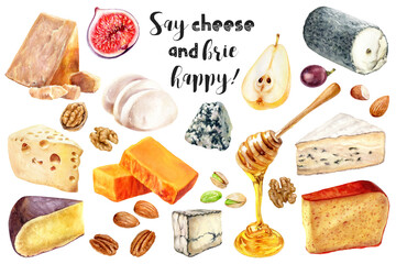Watercolor illustration of cheesse set close up.  A hand-drawn set of chesse and snacks. Design template for packaging, menu, postcards.