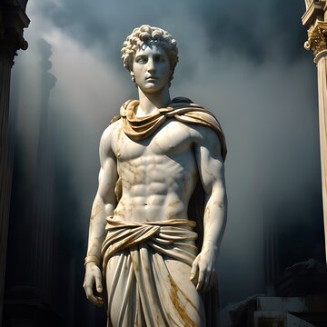 A generative ai image of a white marble statue bust of a roman soldier or the demigod hero Hercules. According to Greek mythology, despite not being a God, Hercules was welcomed into Mount Olympus.