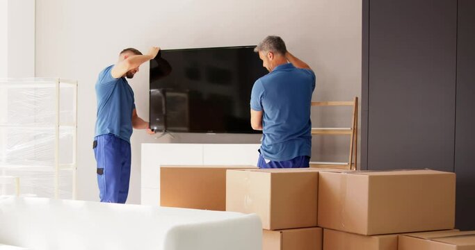 Two Young Male Movers In Uniform Placing Television