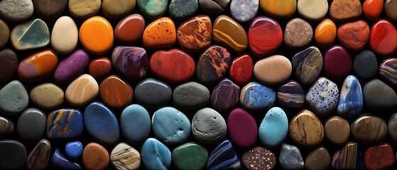 Fototapeta na wymiar A spectrum of colorful rocks or pebbles background, seen from a close-up top view, generated by AI.