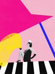 Talented woman in vintage clothes, beautiful piano player against colorful background. Classical...