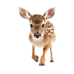 Obraz premium Adorable Cute Funny Baby Deer Fawn Animal Running Close Up Portrait Photo Illustration on White Background Nursery, Kid's, Children's room, pediatric office Digital Wall Print Art Nature Generative AI