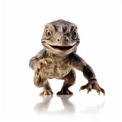 Obraz premium Adorable Cute Funny Baby Dinosaur Animal Running Close Up Portrait Photo Illustration on White Background Nursery, Kid's, Children's room, pediatric office Digital Wall Print Art Nature Generative AI