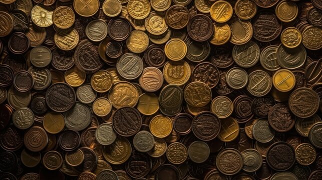 Coins of different countries. Background and texture. Selective focus. Coins. Gold Coins Pattern. Seamless Golden Dollar Coins Pattern