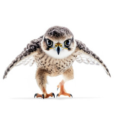 Adorable Cute Funny Baby Falcon Bird Running Close Up Portrait Photo Illustration on White Background Nursery, Kid's, Children's room, pediatric office Digital Wall Print Art Nature Generative AI