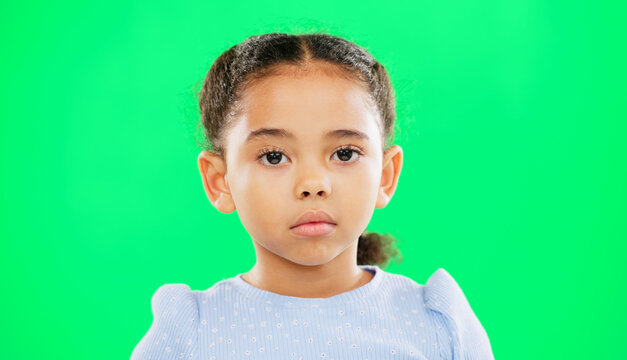 Eyebrow raise, green screen and child face of a young girl with a funny, meme and emoji expression. Comic, kid and humor of a little kid with isolated studio background with youth comedy and alone - Powered by Adobe