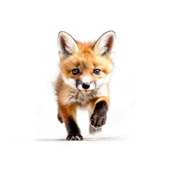 Obraz premium Adorable Cute Funny Baby Fox Kit Animal Running Close Up Portrait Photo Illustration on White Background Nursery, Kid's, Children's room, pediatric office Digital Wall Print Art Nature Generative AI